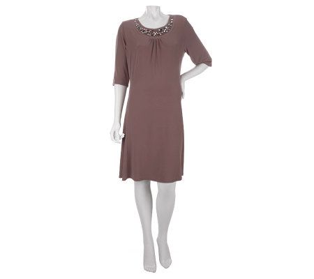 Susan Graver Liquid Knit Elbow Sleeve Dress with Beaded Neckline - A221332
