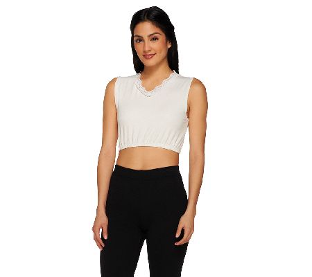 Kathleen Kirkwood Cropped V-neck Modest Tee with Lace Trim - A227332