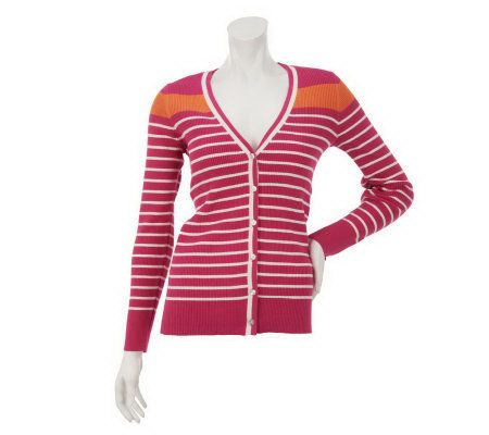 Denim & Co. Long Sleeve V-Neck Stripe Cardigan - A230432