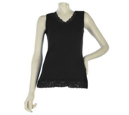 As Is Denim & Co. Essentials Lace Trim V-Neck Ribbed Tank - A235732