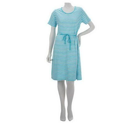 As Is Denim & Co. Short Sleeve Stripe Slub Knit Dress with Tie - A237432