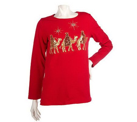 Quacker Factory Joyous Season Sequin Long Sleeve Knit Top - A84132