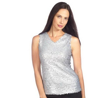 Isaac Mizrahi Live! Sleeveless Matte Sequin V-Neck Top - A210333