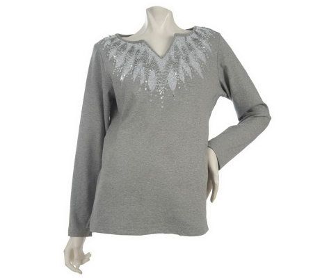 Quacker Factory Long Sleeve Sequin Split T-shirt - A210833