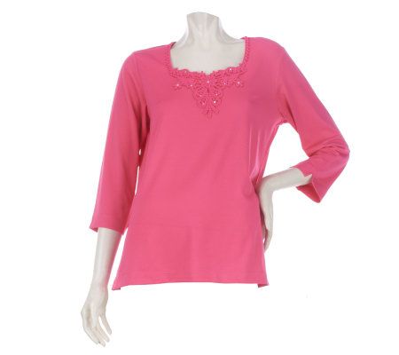 Susan Graver Butterknit 3/4 Sleeve Top with Crochet Trim - A221333