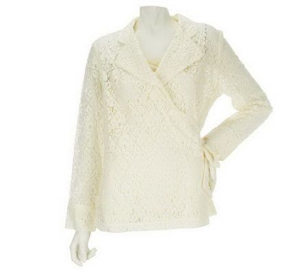 Dennis Basso Allover Lace Notch Collar Wrap Blazer with Side Tie - A224433