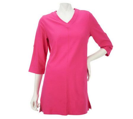 Denim & Co. 3/4 Sleeve Roll Tab Seamed V-Neck Tunic - A225533