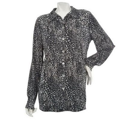 Susan Graver Printed Pleated Knit Button Front Top with Long Sleeves - A226133