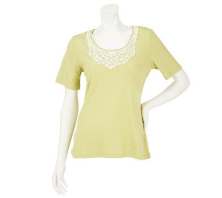 Denim & Co. Short Sleeve Crochet Applique Top - A232633