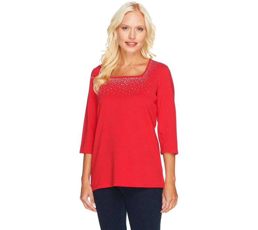 Quacker Factory 3/4 Sleeve Stud & Stone T-Shirt with Square Neckline - A199834