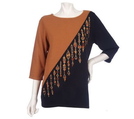 Bob Mackies Diagonal Embroidered 3/4 Sleeve Sweater - A203434