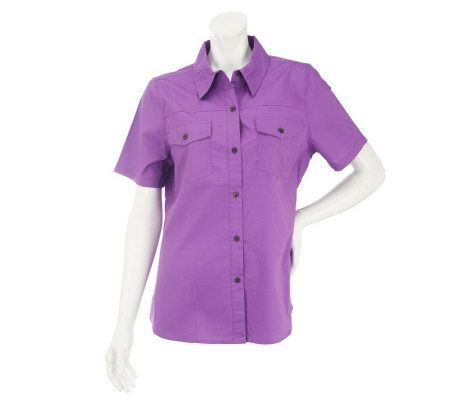 Denim & Co. Short Sleeve Button Front Top with Pockets - A214634