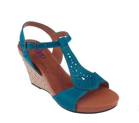 Clarks Indigo Leather T-strap Espadrille Wedges - A214934