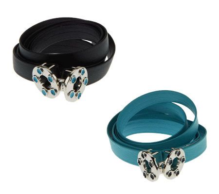 Keggy Set of 2 Belts with Antique Silver Enamel Dot Circle Charms - A221734