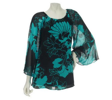 Dennis Basso Floral Print Trumpet Sleeve Top with Smocking Detail - A224434