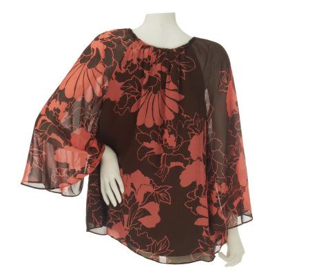 Dennis Basso Floral Print Trumpet Sleeve Top with Smocking Detail