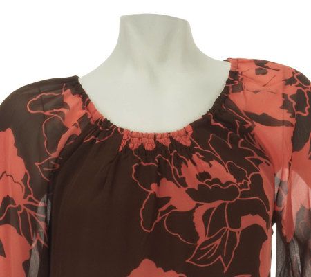 Dennis Basso Floral Print Trumpet Sleeve Top with Smocking Detail