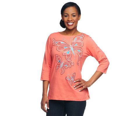 Bob Mackies 3/4 Sleeve Embellished Papillon Pullover Tee - A198935