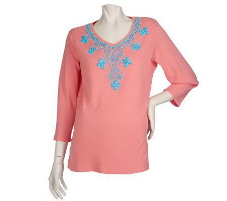 Quacker Factory 3/4 Sleeve Beads and Rocks V-neck T-shirt - A199835