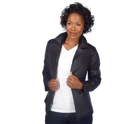 Denim & Co. Motorcycle Lamb Leather Jacket w/Animal Print Lining - A201535