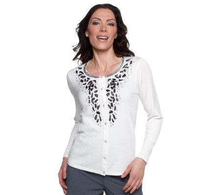 Susan Graver Button Front Cardigan Sweater with Beaded Detail - A220135