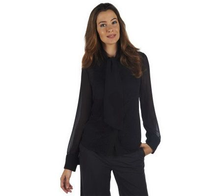 G.I.L.I. Chiffon Bow Blouse with Lace Placket Detail - A227935