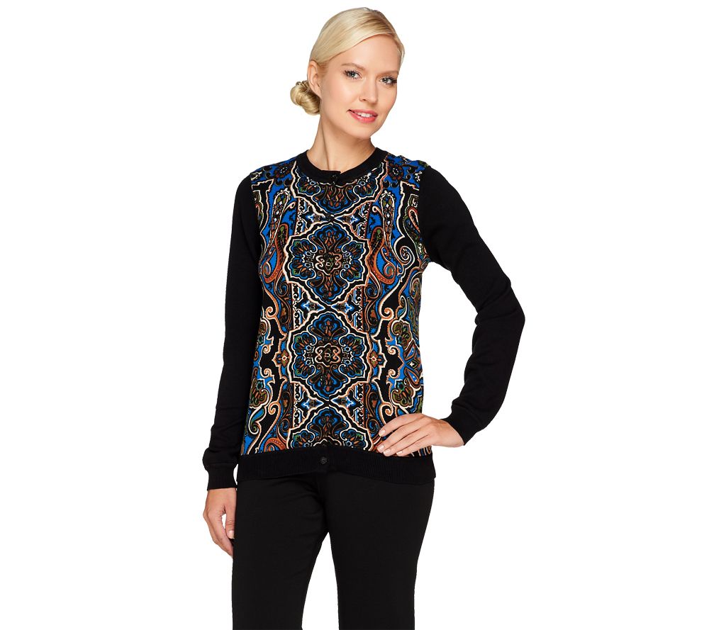 Linea by Louis DellOlio Paisley Print Cardigan with Rib Knit Trim - A228335