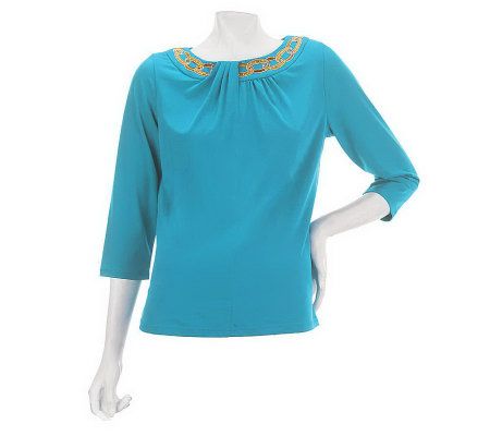 Bob Mackies 3/4 Sleeve Top with Embroidered Neckline - A228635