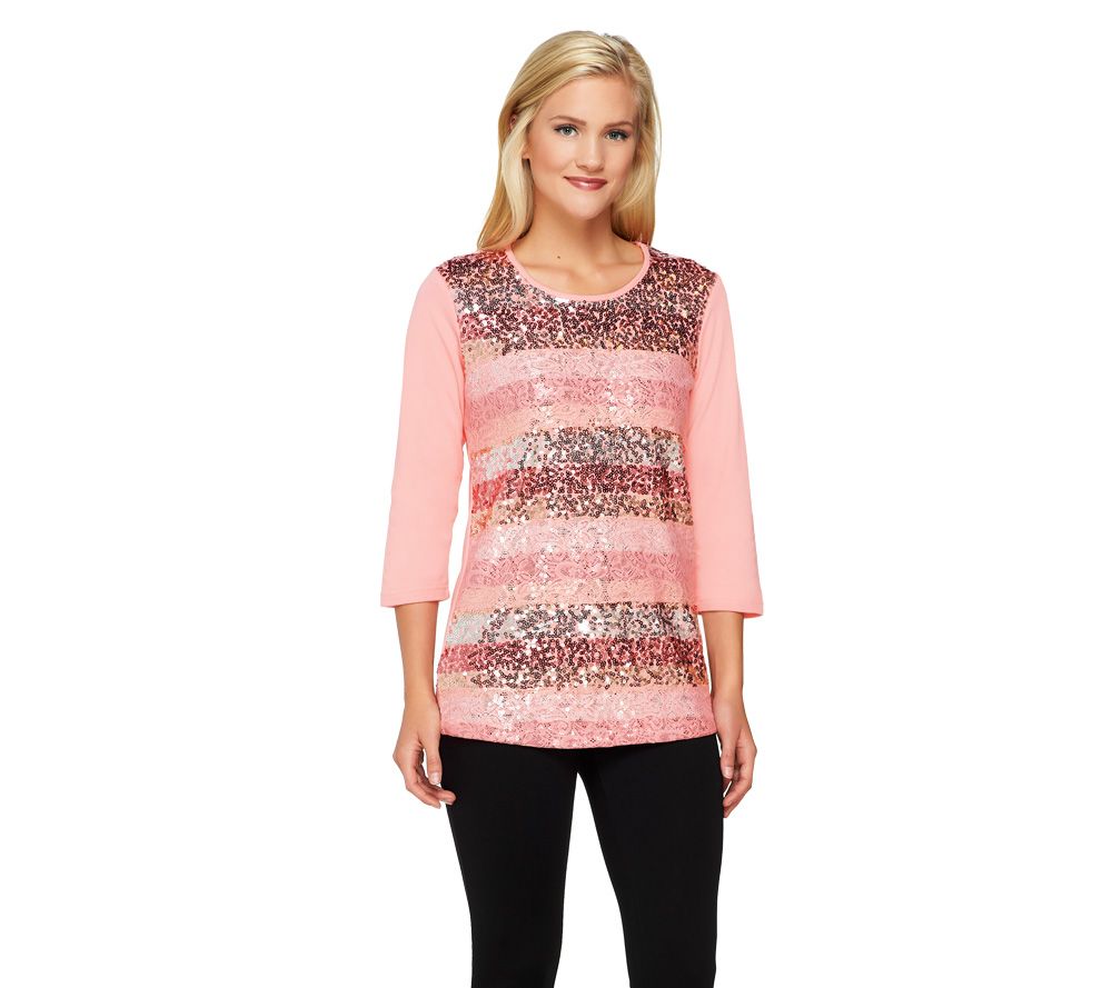 Quacker Factory Sequin and Lace 3/4 Sleeve Knit Top - A230735