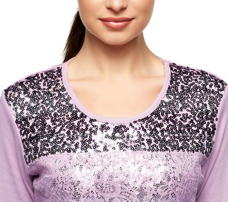 Quacker Factory Sequin and Lace 3/4 Sleeve Knit Top