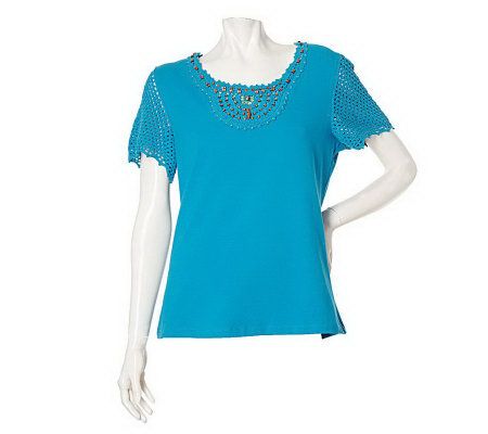 Susan Graver Stretch Knit Crochet Trimmed & Beaded Short Sleeve Top - A6935