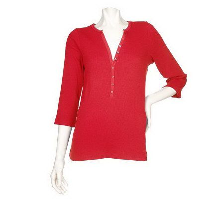 Denim & Co. Jersey Rib Henley with Lace Inset - A91935