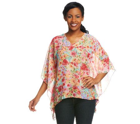 Susan Graver Batwing V-neck Printed Scarf Top - A9635