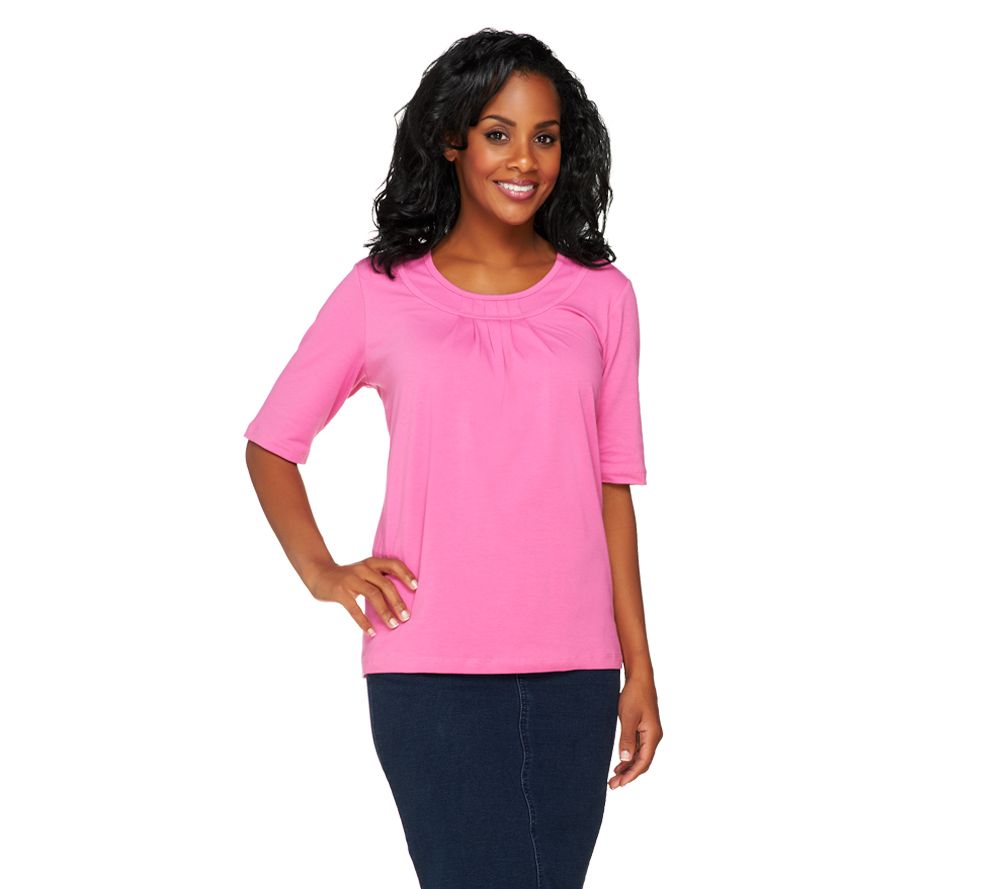 Denim & Co. Elbow Sleeve Round Neck T-shirt with Pleat Detail - A216136