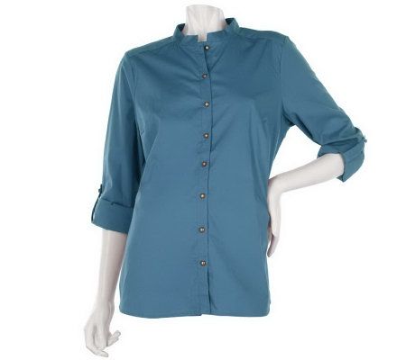 Denim & Co. Roll Sleeve Button Front Woven Shirt - A217436