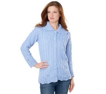 Aran Craft Merino Wool Button Front Scallop Edge Cardigan - A222836