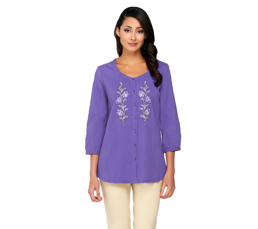Denim & Co. 3/4 Sleeve Gauze Shirt with Floral Embroidery - A231136