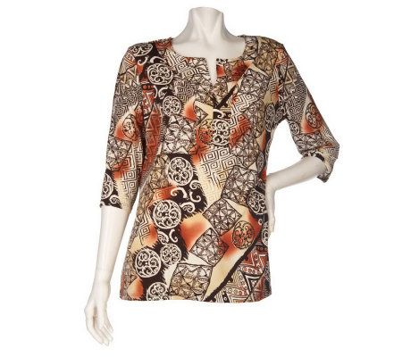 Susan Graver Printed Liquid Knit w/Metallic Split Neck Tunic - A90336