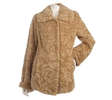 Dennis Basso Sculpted Rose Faux Fur Coat with Cuffed Sleeves - A95036