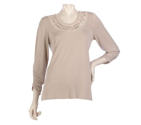 Kelly by Clinton Kelly Embellished Neckline Top w/ Ruched Sleeves - A218737