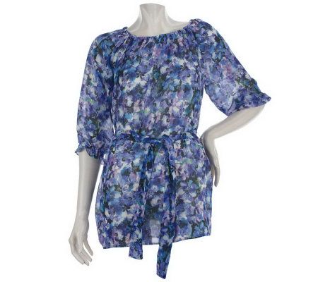 Motto 3/4 Sleeve Floral Print Peasant Top with Self Belt - A221337