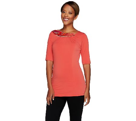 George Simonton Knit Top with Embellished Asymmetrical Neckline - A229337