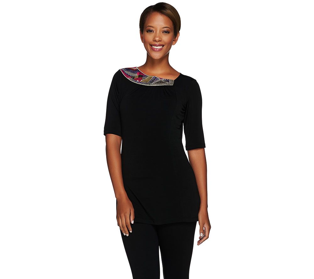 George Simonton Knit Top with Embellished Asymmetrical Neckline - A229337