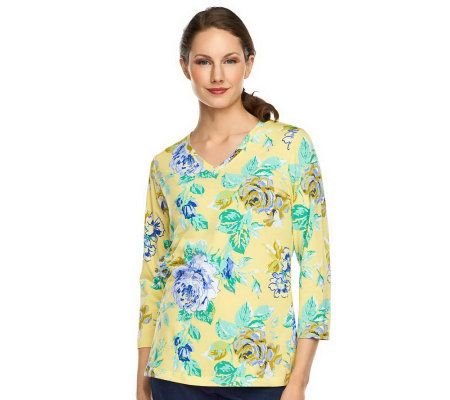 Isaac Mizrahi Live! Cottage Rose Print V-Neck Knit Top - A230637