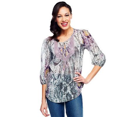 M by Marc Bouwer Printed Boho Top with Crochet Detail - A231237