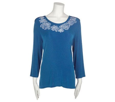Citiknits U-neck Top with Contrast Embroidery - A7737