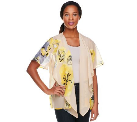 Susan Graver Printed Chiffon Cascading Open Front Cardigan - A200938