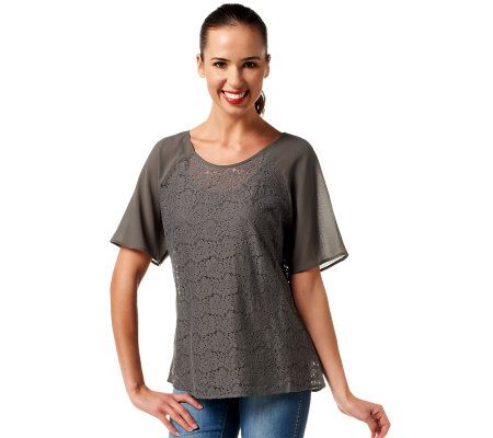 LOGO by Lori Goldstein Short Sleeve Lace Top with Tank - A223038