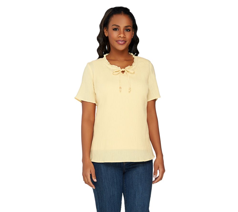 Denim & Co. Short Sleeve Gauze Top with Ruffle Neckline & Tank - A224738