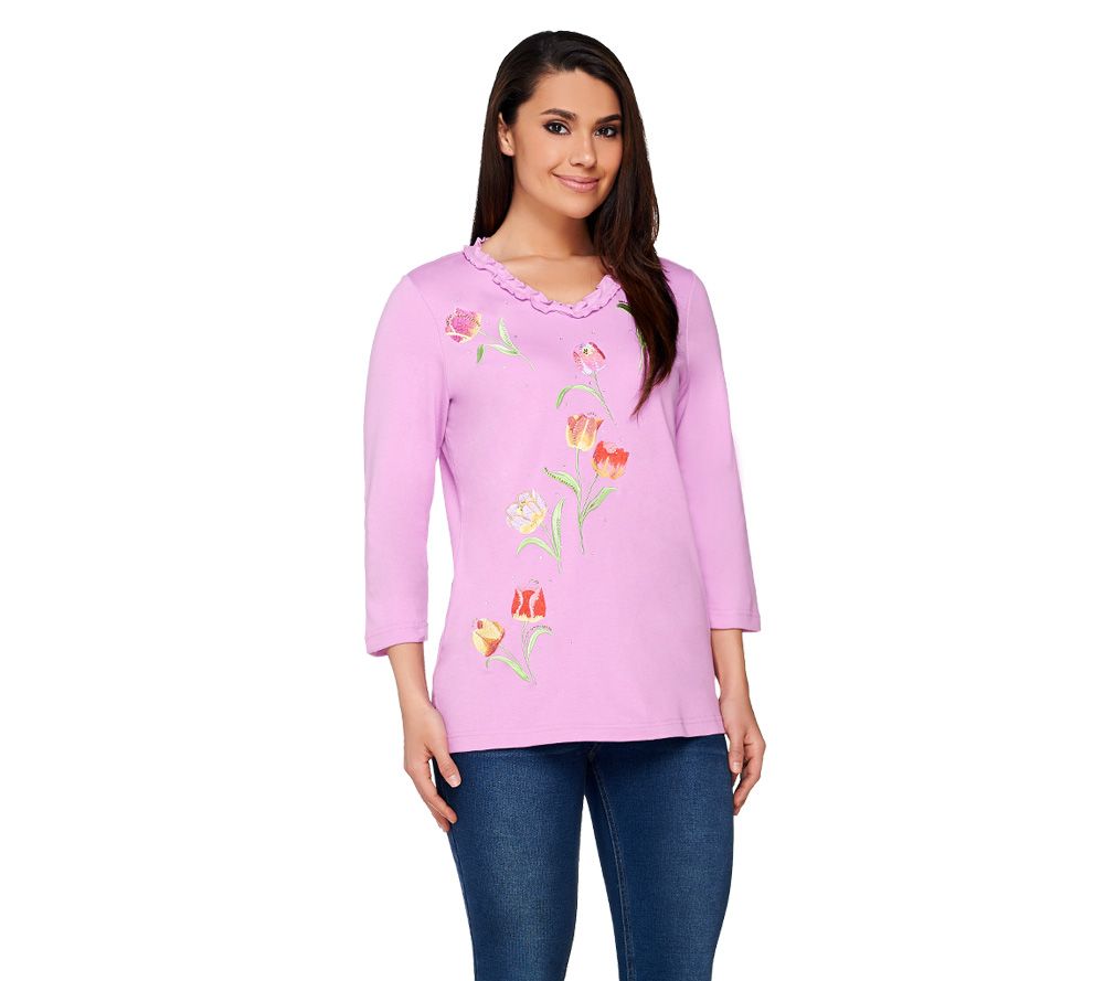 Quacker Factory Petal Party Ruffle V-neck 3/4 Sleeve T-shirt - A232138